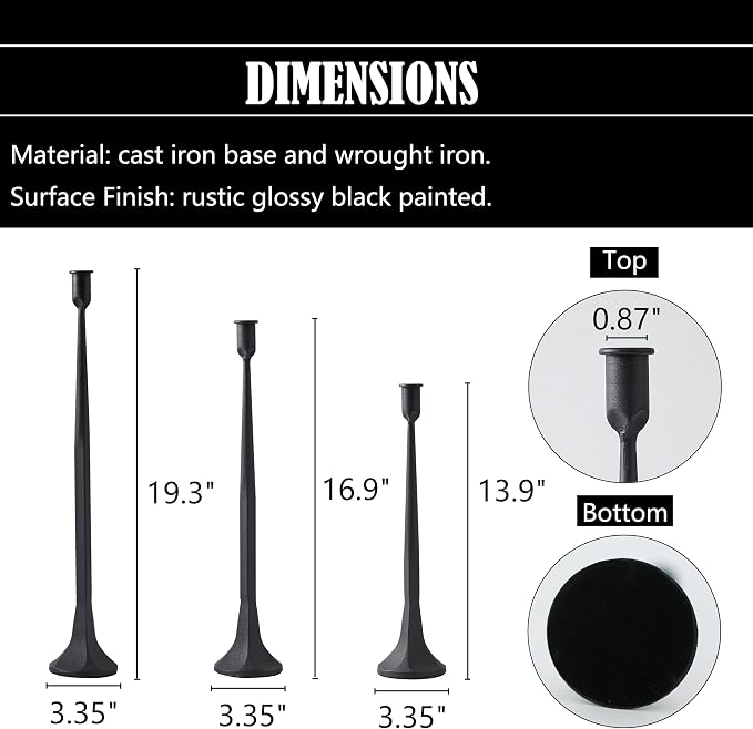 Denique Iron Taper Candle Holder Set of 3, Black Candlestick Holders 19.3”17” 14” Heightening Decorative Candle Stand Set for Wedding, Dining Table, Home Decoration (Black)