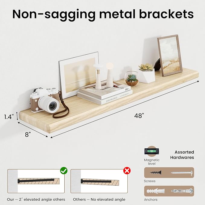 Axeman 48Inch Natural Wood Floating Shelves for Wall|Rustic Wooden Shelves for Bedroom Kitchen Bathroom|Long Storage Shelf with Invisible Bracket for Wall Mounted|Set of 1|Natural Color