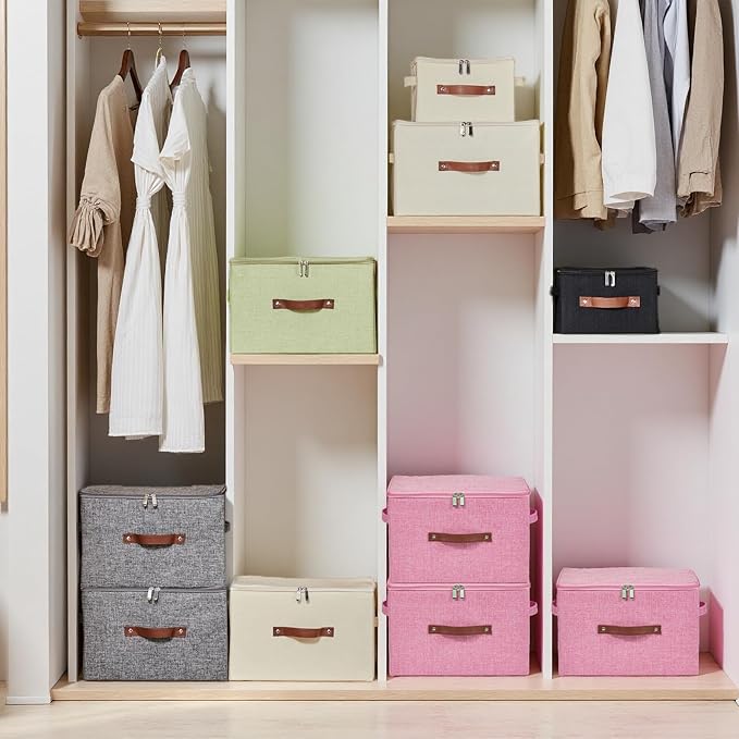 2 Pack Storage Bins with Zipper Lid Cotton Linen Fabric Lidded Storage Baskets Boxes Foldable Washable Closet Shelf Clothes Organizer Container with PU Leather Handles (Pink, Small)