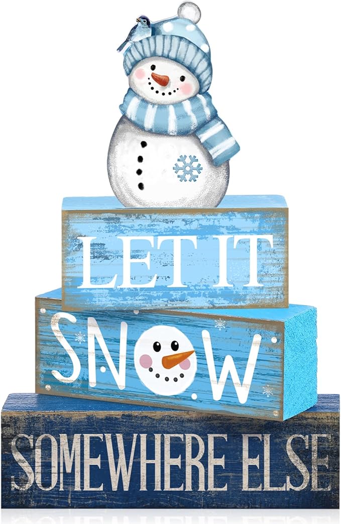 Lineshading 4 Pcs Winter Table Decorations Wooden Snowman Blue and White Winter Tiered Tray Decor Christmas Centerpiece Rustic Decorative Snowman Block Sign Gift for Wonderland Party Home Kitchen