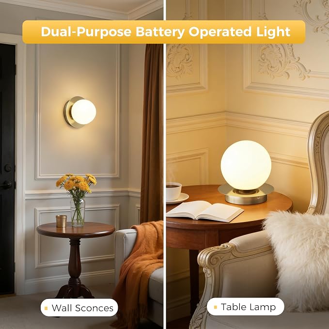 L LOHAS LED Battery Operated Wall Sconce Set of 2, 2-in-1 Rechargeable 10000mAh Wireless Globe Wall Lights with Remote, 16 RGB Colors Dimmable Modern Satin Nickel Sconces for Bedroom Living Room Decor