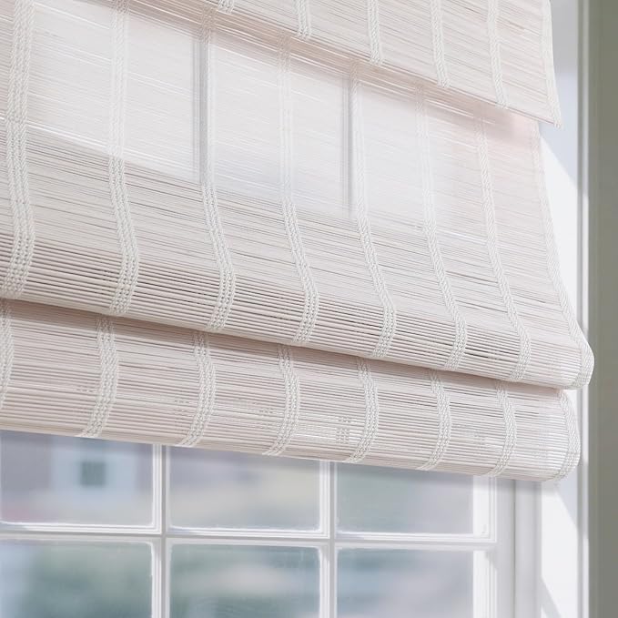 Cordless Woven Wood Roman Shades, 21" W x 48" H, Natural Pearly White | Light Filtering Bamboo Shades Window Treatment for Indoor Windows, Easy Install, Mounting Hardware Included