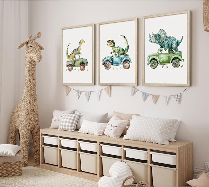 Dinosaur Nursery Wall Art Kids Canvas Poster Baby Boy Nursery Wall Decor Green Dino Pictures Toddler Prints Cartoon Dino Car Painting Boys Room Artwork for Bedroom Bathroom 16x24x3 Inch White Framed