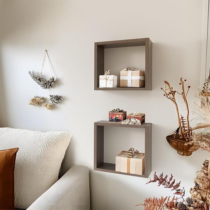 Kaboon Cube Floating Shelves Set2, Display Shelves Wall Mount 7.75" D x 12.5" W x 12.5" H, (Eucalyptus, Square 2 Cubes)
