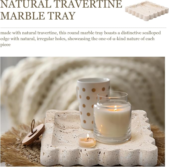 Threehoney 5.5 Inch Small Travertine Stone Tray Marble Jewelry Dish Trinket Tray for Women, Perfume, Coffee Table(Square,Scallop)