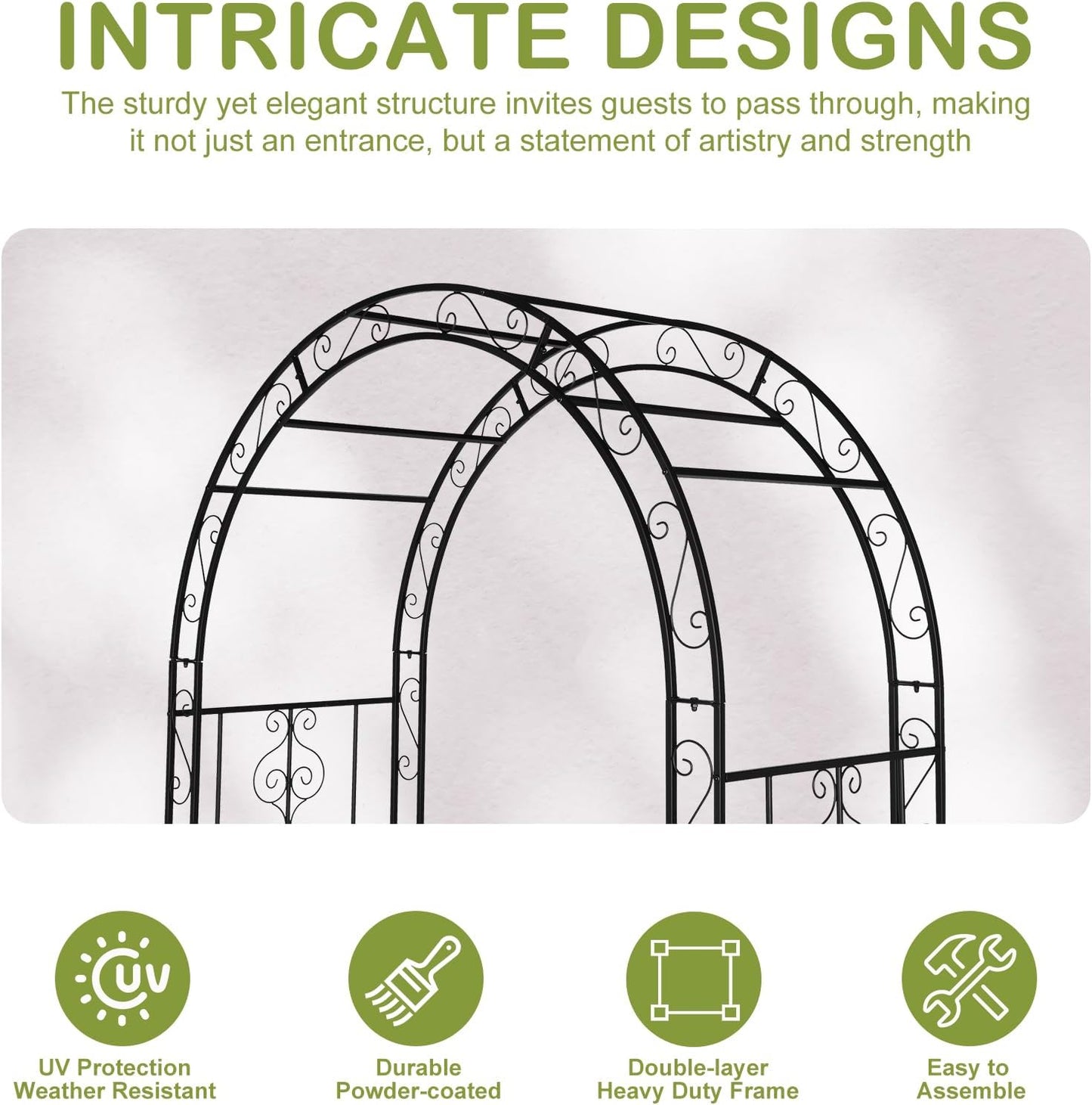 Outvita 7FT Garden Arch Arbor with Entry Door, Heavy Duty Metal Arbour Archway, Decorative Frame Stand Trellis with Ground Stakes for Wedding Ceremony Party Plant Climbing Rose Vines Patio Black