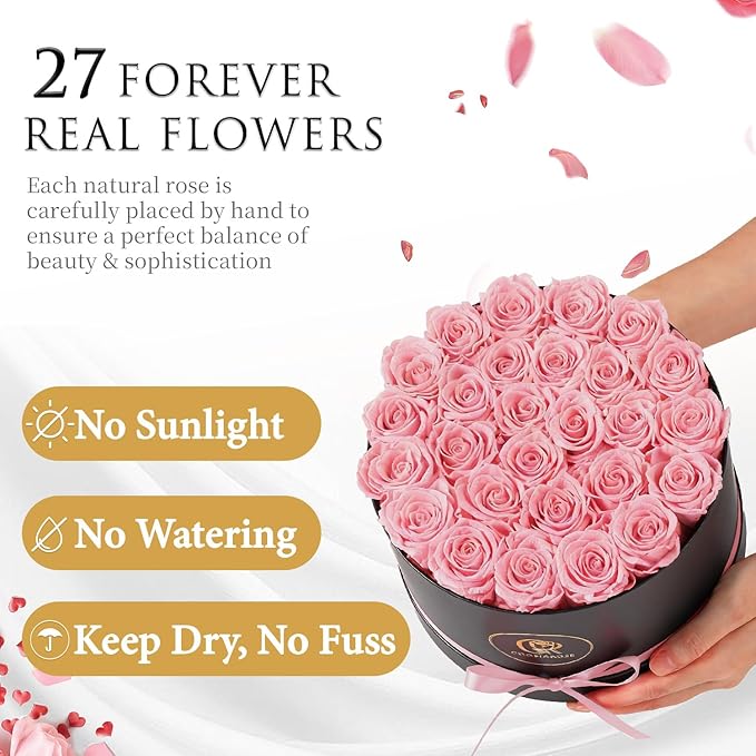 Forever Flowers Preserved Roses - 27 Preserved Flowers for Delivery, Forever Pink Rose Gifts for Women Mom Gifts for Birthday Anniversary Flower Gift for Women Wife Her Grandma Mothers Day