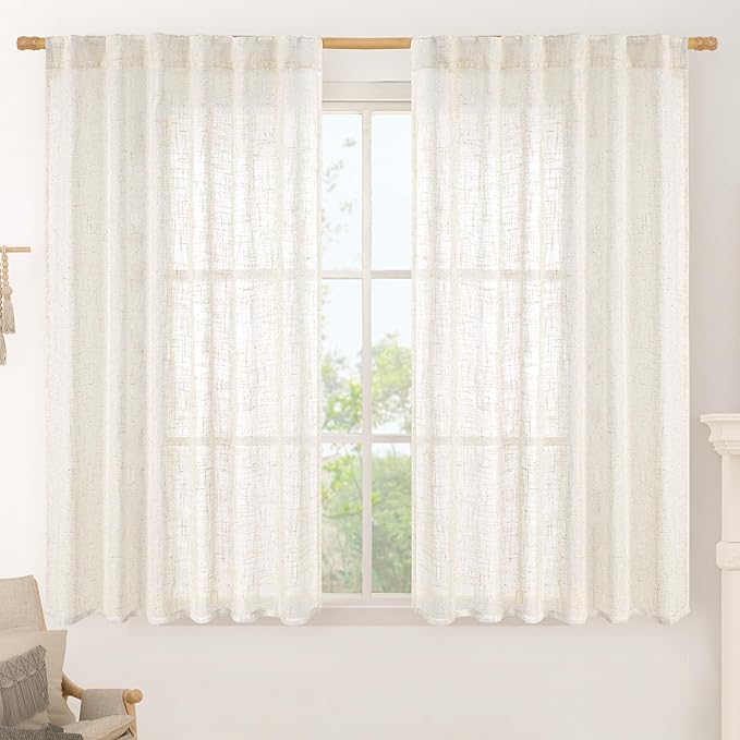 LAMIT Light Filtering Linen Curtains 54 inches Long for Bedroom, Linen Textured Semi Sheer Back Tab and Rod Pocket Cream Boho Drapes for Small Window/Living Room, 2 Panels, 52 x 54 Inch