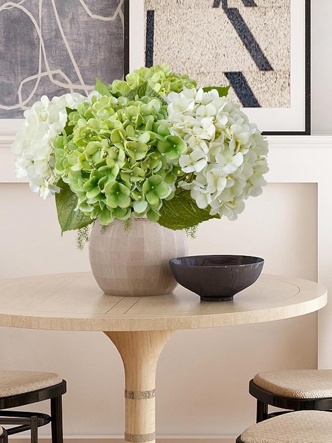 ZYTUYO 2PCS White & 2PCS Green Fake Hydrangea Real Touch 20" Latex Artificial Hydrangea Flowers with Long Stems for Outdoor Indoor Spring Home Decor Porch Party Wedding Xmas Floral Arrangements