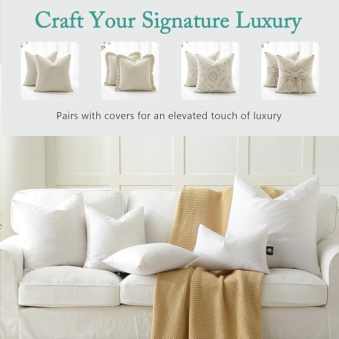 BPC Luxury Feather Down 22x22 Pillow Inserts Set of 2, Soft Fluffy Throw Pillow Inserts, 100% Organic Cotton Cover, Square Pillows for Couch, Living Room, Bed, Sofa