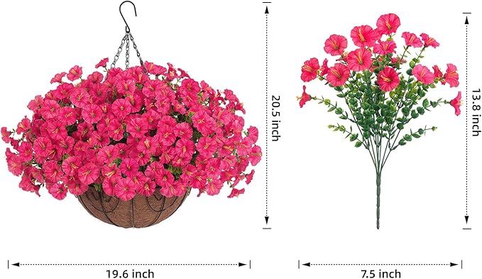 Artificial Fake Hanging Flowers Plants Baskets for Outdoors Spring Summer Decor, Faux Silk Morning Glory in Planter UV Resistant Realistic for Outside Porch Patio Balcony Garden Yard Home, Hotpink