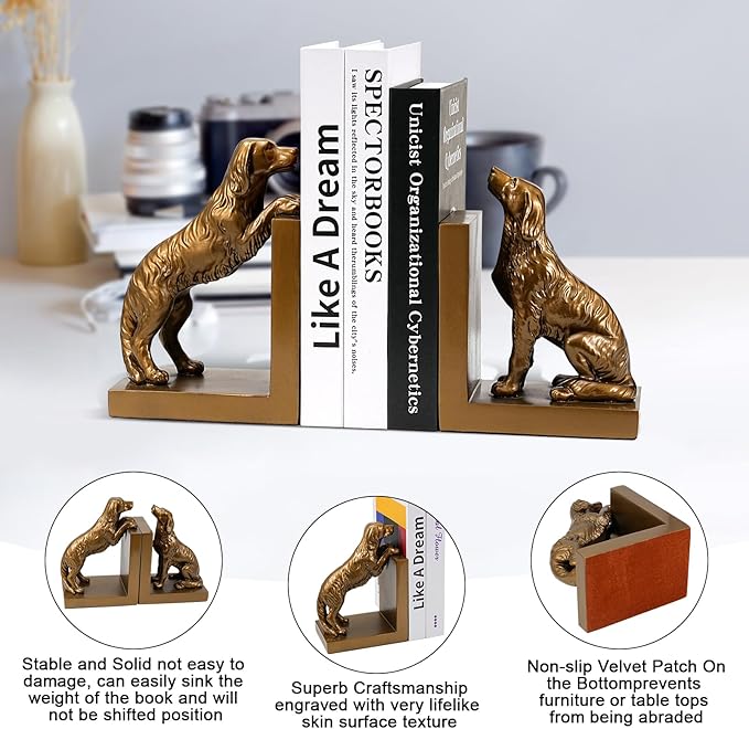 Dog Bookends, Book Ends for Shelves to Hold Books Heavy Duty, Creative Resin Book Holders for Kitchen Desk Home Office
