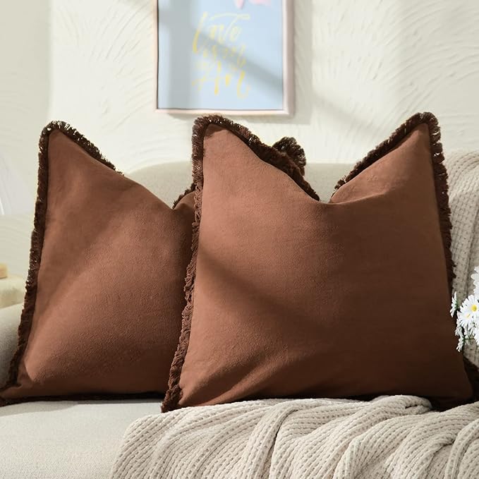 ZWJD Pillow Covers 26x26 Set of 2 Coffee Throw Pillow Covers with Fringe Chic Cotton Decorative Pillows Square Cushion Covers for Sofa Couch Bed Living Room Farmhouse Boho Decor