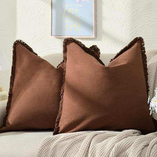 ZWJD Pillow Covers 22x22 Set of 2 Coffee Throw Pillow Covers with Fringe Chic Cotton Decorative Pillows Square Cushion Covers for Sofa Couch Bed Living Room Farmhouse Boho Decor