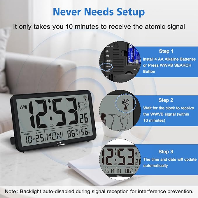 WallarGe Atomic Wall Clock with Backlight, Digital Wall Clock Battery Operated for Classroom, Bedroom, Office, Large Display with Indoor Temperature, Humidity, Date, AUTO DST, 6 Time Zones