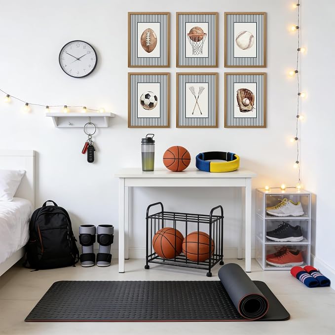 Sports Wall Art Decor Toddler Boys Room Canvas Prints Vintage Sports Nursery Wall Decor Baby Kids Poster Football Baseball Pictures Basketball Soccer Artwork for Children Bedroom 8x10x6 Inch Framed