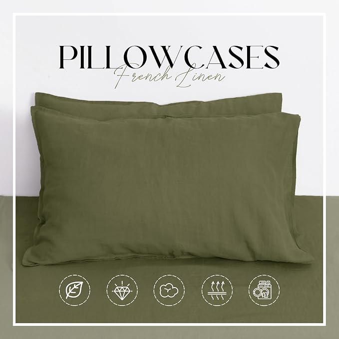 Linen Pillow Cases Set of 2,20"x40" King Size,100% French Natural Flax Soft Linen Pillowcases,Olive Branch
