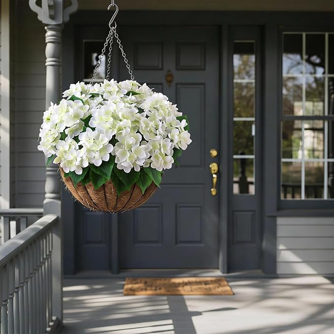 FOTEEWL 16 Bundles Artificial Hydrangea Flowers for Outdoor Decor, Realistic Faux Silk Bouquets Sun-Resistant Fake Plants for Front Door Balcony Farmhouse Garden Home Spring Summer Decor (White)