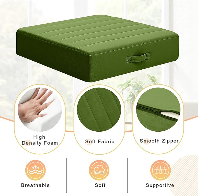MeMoreCool Square Floor Pillows for Adults Kids, 2 Sets Large Meditation Cushion with 5" Thick Foam and Washable Tufted Cover, 24 Inch Green Seat Floor Cushions for Sitting and Yoga
