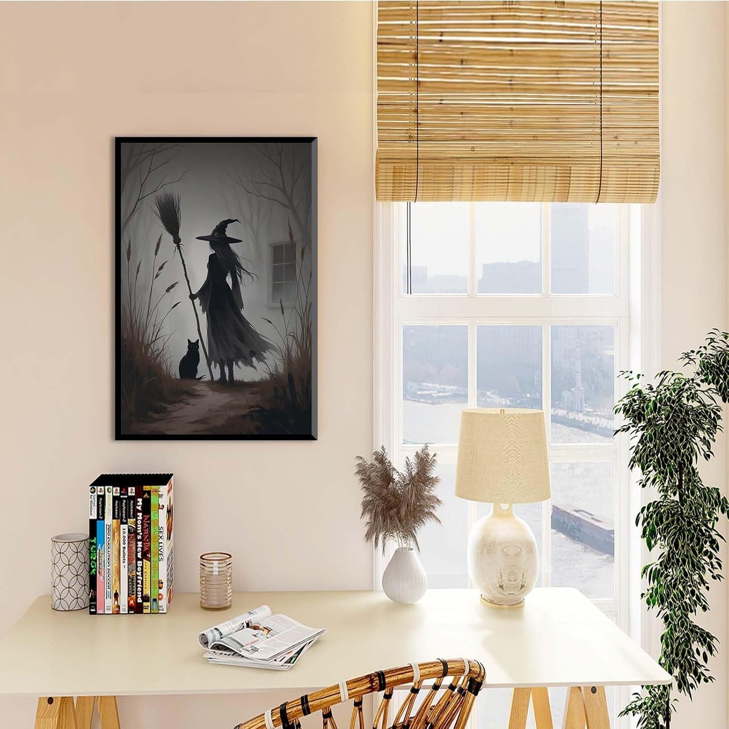 JFHCQJPK Vintage forest witch and black cat poster Halloween mural poster decoration mural art magic suitable for home living room bedroom8x12in Metal blackFramed