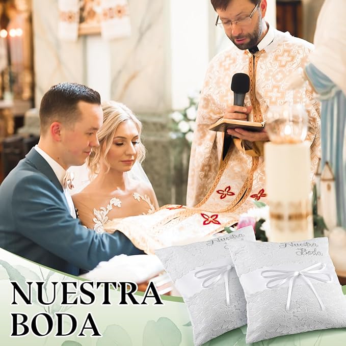Mixweer 2pcs Wedding Embroidered Kneeling Pillows Nuestra Boda 18 x 18 Inch Embroidered Prayer Pillow Satin and Lace Kneeling White/Silver, Cojines para Boda, Decoracion(18",with 2 Pillows)