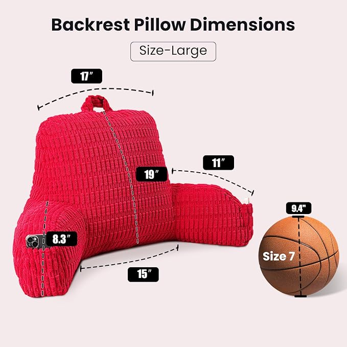 Large Reading Pillow for Sitting Up with Arms,Red Corduroy | Back Pillow for Adults Backrest,19" Sitting Pillow Supports Reading,Gaming & Relaxing in Bed,Couch,Floor Corners