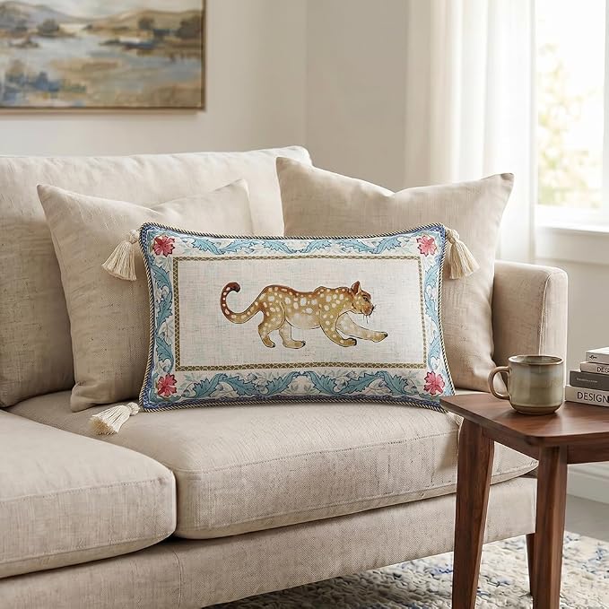 patdrea Designer Vintage Linen Throw Pillow Cover,12"x20",Set of 2-Fromm B | Elegant Decorative Pillow Case,Leopard Print with Tassel,Pillow Cover for Couch Living Room Bedroom Sofa