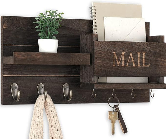 Lwenki Mail Organizer for Wall Mount – Key Holder with Shelf Includes Letter Holder and Hooks for Hallway Farmhouse Decor – Rustic Wood with Flush Mounting Hardware (16.5” x 9.1” x 3.4”) (Brown)