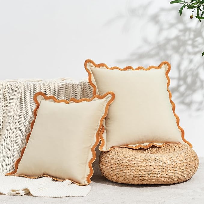 MONDAY MOOSE Decorative Throw Pillow Covers Cushion Cases, Set of 2 Soft Velvet Scalloped Wavy Edge Designs, Mix and Match for Home Decor, Pillow Inserts Not Included (20x20 inch, Honey/Cream)