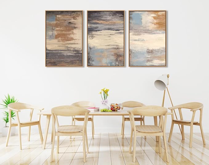 Large Framed Canvas Wall Art - Natural Float Framed Abstract Colorful Pictures for Living Room Decor Contemporary Brown Beige Grey Lines Artwork for Bedroom Home Office Decoration 48" X 24" Set of 3