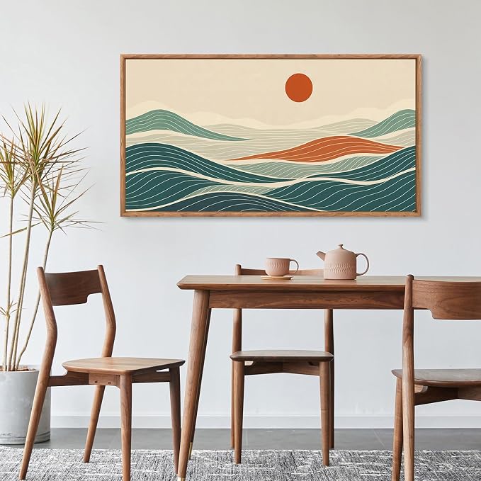 CHDITB Long Coastal Framed Wall Art, Minimalist Coastal Horizontal Wall Decor, Abstract Waves Line Artwork Ocean Sea Painting, Modern Beach Above Bed Art Prints for Nautical Theme Bedroom 40"x20"x1