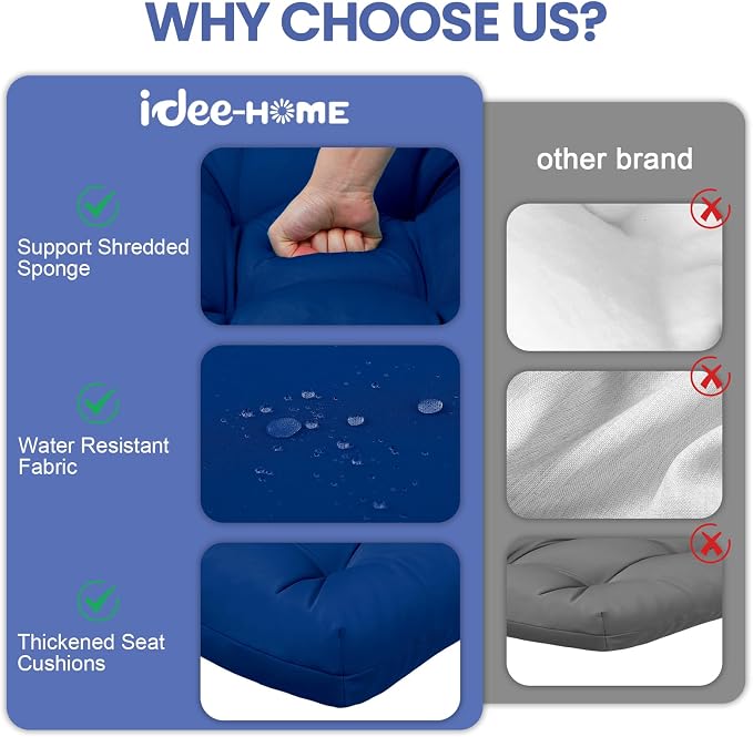 idee-home Outdoor Chair Cushions Set of 4, Patio Seat Cushions | Tufted Thick 17 x 17 x 5 Inch Cushions for Outdoor Furniture Waterproof with Ties, Dining Pads Dark Cerulean