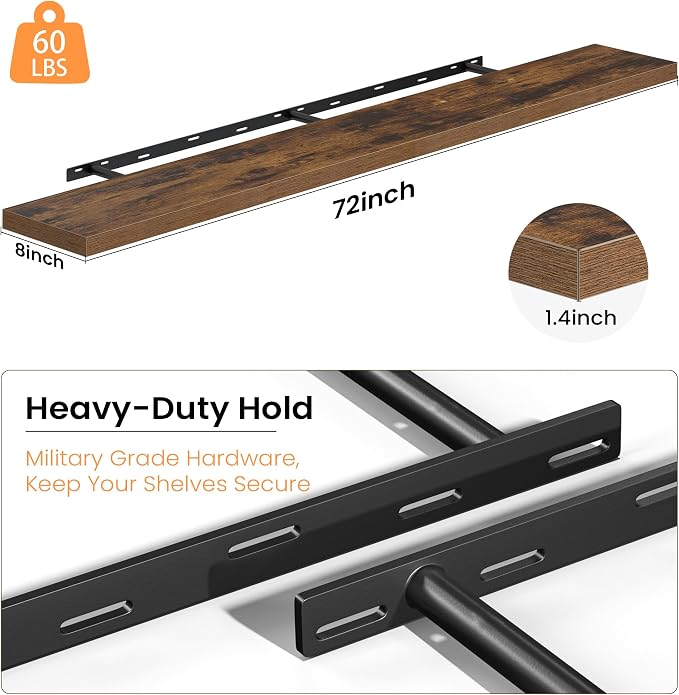 Fun Memories Floating Shelves for Wall, 72 Inch Long Set of 2 Rustic Wood Wall Shelves with Invisible Brackets, Heavy Duty Storage Display for Living Room Bedroom Kitchen, Brown