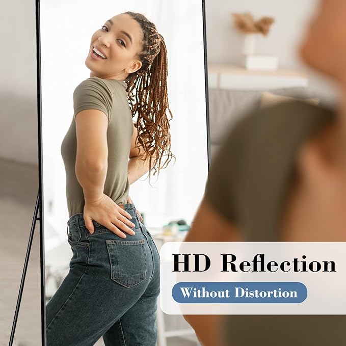 DUMOS 26"x68" Full Length Mirror with Stand, Floor Standing Aluminum Frame, Shatter-Proof Nano Glass for Bedroom, Living Room, Cloakroom – Modern Simple Home Decor,Can Be Hanging or Leaning, Black
