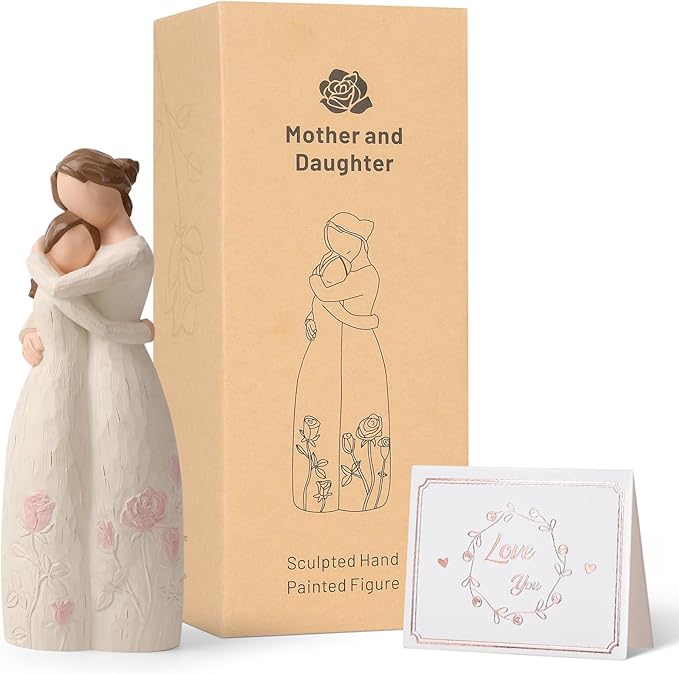 Mother and Daughter Hug Resin Figurine – Mom Birthday Gifts from Daughter, Gifts for mom – Handcrafted Blush Rose Relief Keepsake Home Decor
