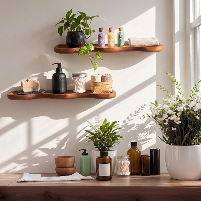 Pinkunn 2 Pcs Floating Shelves for Wall Wood Scalloped Floatings Shelf Live Edge Floating Shelves Modern Scalloped Mounted Shelf Farmhouse Wall Decor for Home Bedroom Kitchen(15.8" X 6", Wave, Walnut)