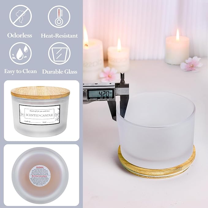 CONNOO 24oz Frosted Glass Candle Jars 6 Pack, Multi-Wick Wide Mouth Empty Bulk Candle Containers for Making Candles with Airtight Bamboo Lids, Sticky Warning Labels, Wick kit- Dishwasher Safe