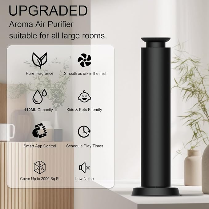 Wirless Rechargeable Waterless Scent Diffuser Kit, Includes 5 Premium Oils, 2000 Sq.Ft Coverage,Hotel Scent Diffuser for Home, Studio, Cordless Essential Oil Diffuser Large Room, APP Control - Black