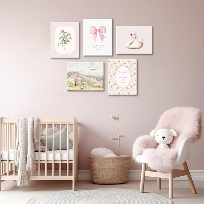 Nursery Christian Wall Art Bible Verses Canvas Wall Decor Baby Girl Room Poster Vintage Pink Nursery Prints Decor Floral Bow Swan Artwork Jesus Scripture Picture for Bedroom 8x10x5 Inch Wrapped Canvas