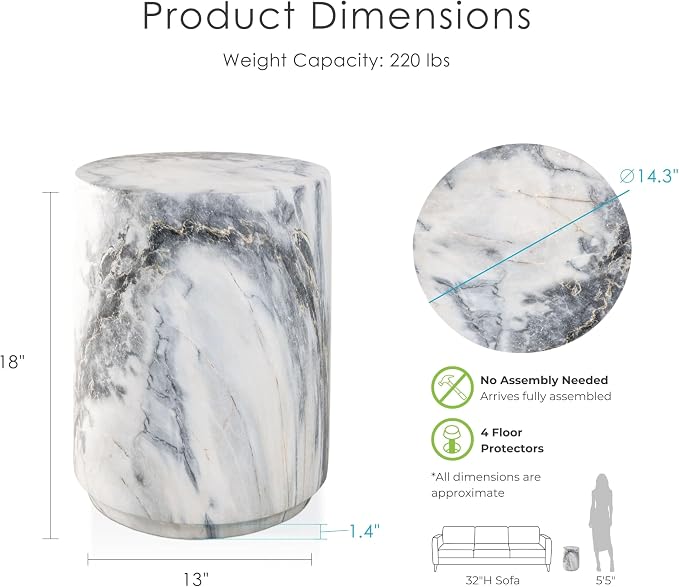 24/7 Shop at Home Ranera Modern 14-inch Natural Stone Side Table with Round Drum Base, Marble Nightstand, Patio End Table, for Living Room, Covered Outdoor Spaces, Balcony, Blue Gray Marble