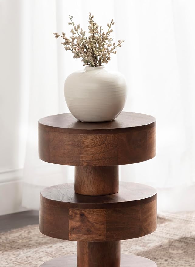 Kate and Laurel Omar Modern Wooden Round Drink Table, 9 x 9 x 20, Walnut Brown, Geometric Floating Disks Circle Mini Table for Use as Small Bedroom Night Stand or Indoor Plant Stand