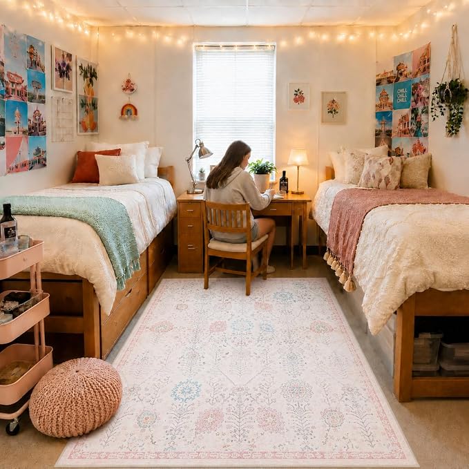 Lahome Flavie Nursery Rug 5x7, Soft Washable Floral Dorm Rug, Non Slip Low Pile Carpet for Bedroom, Kids Room, Nursery, Dorm Room and Classroom Decor, Beige
