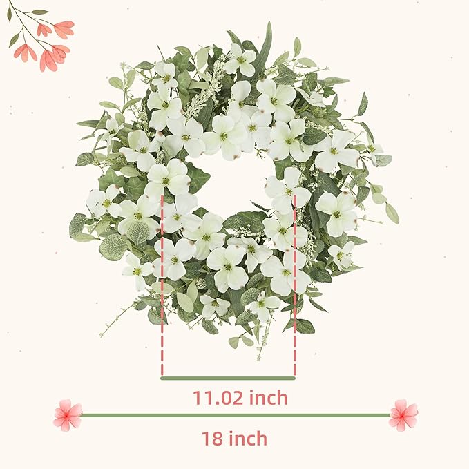 YNYLCHMX 18" Spring Summer Wreaths for Front Door, Artificial Floral Wreath with White Phalaenopsis Green Eucalyptus Leaves, Green Foliage Wreath for Wall Window Farmhouse Party Holiday Home Decor