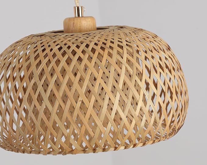 Bamboo Pendant Light Fixture One-Light Adjustable Boho Basket Handmade Woven Pendant Lighting for Kitchen Island Sink Farmhouse Dining Room