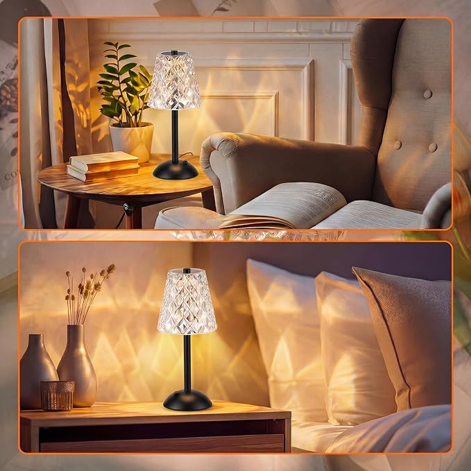 Liliful 2 Pcs Cordless Table Lamp Rechargeable Touch LED Small Gold Portable Battery Operated USB-c Desk Lamp 3 Color Dimmable for Bedroom Living Room Dining (Black,Diamond Style)