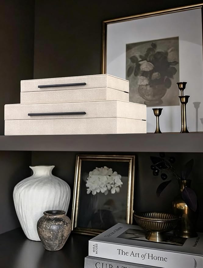 HofferRuffer Faux Leather Decorative Boxes Set of 2, Large Nesting Keepsake Box Accessory Organizer Jewelry Organizer with Hinged Lid, Stacking Storage Box Container (Light Grey+Black Handles)