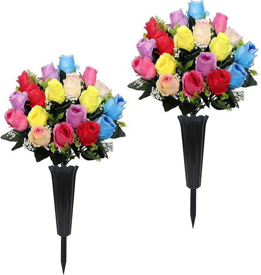 Lodou Set of 2 Artificial Cemetery Flowers, Memorial Flowers Bouquet,Grave Memorial Flowers with Vase for Cemetery Headstones Decoration (Color)