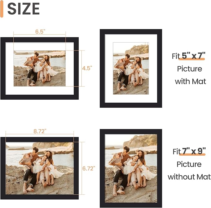upsimples 7x9 Picture Frame, Display Pictures 5x7 with Mat or 7x9 Without, Wall Hanging Photo Frame, Black, 1 Pack