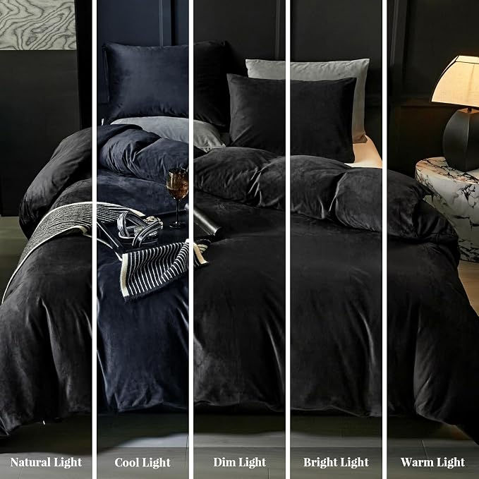 WARMDERN Black Flannel Velvet Duvet Cover Queen Size Duvet Cover Bedding Sets, 3pcs Ultra Soft Luxury Textured Modern Crystal Velvet Duvet Covers with Zipper Closure(Black, Queen)