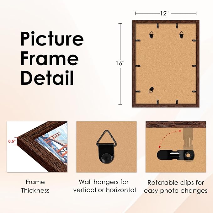 FIXSMITH 12x16 Picture Frame Brown Set of 2, Photo Frame with HD Plexiglass, Display Pictures 8.5x11 with Mat or 11x17 Without Mat, Brown Picture Frames Collage Wall Decor, Gallary Wall Frame
